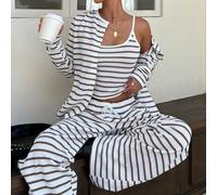 Ensemble 3 pièces en tricot jacquard blanc et marron pour femmes, style décontracté de vacances et streetwear, motif ananas, cardigan, top camisole, pantalon large, été, city break L,M,S,XSRayéTissu t
