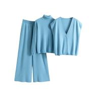 Ensemble 3 pièces en tricot pour femme - Cardigan - Pull - Haut - Pantalon de survêtement taille haute, bleu, M
