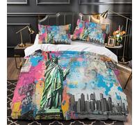 Ensemble 3 Pièces Ensemble Housse De Couette New York Statue of Liberty Parure De Lit Avec Impression 3D, Housse De Couette Avec Taie D'oreiller, En Microfibre, Pour Fille Et Femme Single（140x200cm）