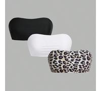 Ensemble 3 pièces grande taille : Top de maillot de bain tube unicolore et à imprimé léopard, été 0XL,1XL,2XL,3XL,4XLUnicoloreTissu tricoté