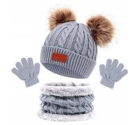 Ensemble 3 pièces isolé pour enfants - gris, fibre acrylique, bonnet 18x18 cm, cheminée 15x20,5 cm, gants 13x6 cm
