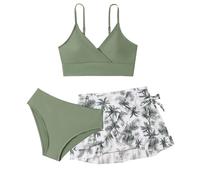 Ensemble 3 Pièces Maillot De Bain Ado Fille 8-14 Ans: Hauts + Bas Tanga + Jupe - Adolescente Natation Piscine Sport Plage (Vert-b, 9-10 Ans)
