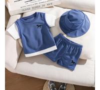 Ensemble 3 pièces pour bébé/bébé garçon : Top à manches courtes en tricot de gaufre 2 en 1, short et chapeau, style élégant convenant aux sorties décontractées, à l'école, aux vacances, aux loisirs fa
