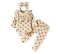 Ensemble 3 pièces pour bébé fille avec imprimé cœur nervuré et nœud + pantalon, bandeau, tenues, beige, 0-3 mois