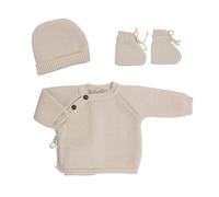 Trois Kilos Sept – Lot brassière, bonnet et chaussons Point mousse 0-1 mois Sable