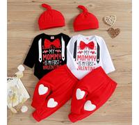 Ensemble 3 Pièces Pour Bébé, Vêtements Pour La Saint-Valentin, Col Rond, Lettres Imprimées, Barboteuse, C¿Ur, Pantalon, Chapeau, Tenues Pour Bébé