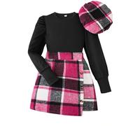 Ensemble 3 pièces pour enfant fille - Manches longues côtelées - Solide - Chemisier - Jupe à carreaux - Avec chapeau - Robe d'été pour fille, Rose, 9-10 ans