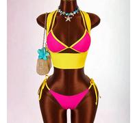 Ensemble 3 pièces pour femmes avec bordure blocs de couleurs, tenue de vacances sexy avant-garde, Top et bas avec découpe en U et lien à nouer L,M,S,XLPlantesTissu du maillot de bain
