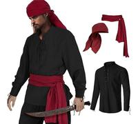 Ensemble 3 pièces pour homme - Chemise médiévale viking - Costume de pirate de la Renaissance avec manches à lacets, écharpe et écharpe réglables pour steampunk