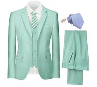Ensemble 3 pièces pour homme - Coupe ajustée - Costume de marié - Deux boutons - Veste solide - Gilet et pantalon avec cravate, vert menthe, Taille M