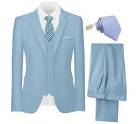 Ensemble 3 pièces pour homme - Coupe ajustée - Costume de marié - Deux boutons - Veste solide - Gilet et pantalon avec cravate, bleu ciel, XX-Large