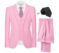 Ensemble 3 pièces pour homme - Coupe ajustée - Costume de marié - Deux boutons - Veste solide - Gilet et pantalon avec cravate, rose, XX-Large