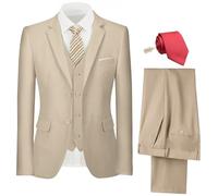 Ensemble 3 pièces pour homme - Coupe ajustée - Costume de marié - Deux boutons - Veste solide - Gilet et pantalon avec cravate, beige, XX-Large