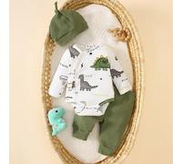 Ensemble 3 pièces pour nouveau-né garçon comprenant une combinaison à manches longues à rayures blanches et motif de dinosaure, un pantalon vert et un chapeau. Tissu confortable. Nouvelle collection m