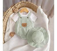 Ensemble 3 pièces pour nouveau-né, mignon et décontracté : T-shirt blanc à manches courtes, robe d'été à rayures bleues dos nu avec chapeau et badge ours. Tenue de vacances pour bébé 6-9M,0-1M,1-3M,3-