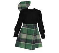 Ensemble 3 pièces pour petite fille - Haut côtelé uni à manches longues - Chemisier à carreaux et jupe avec chapeau - Tenue d'anniversaire pour bébé fille (1B-vert, 9-10 ans)