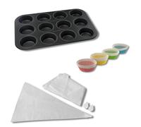 Zenker 9983850 Ensemble de 3 ustensiles de pâtisserie spécial muffins, moule avec 12 empreintes, moules en papier, poche à douilles, Acier, Papier, Plastique, noir, transparent, coloré, De 5 à 38,5 cm