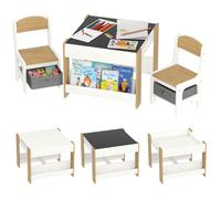 HOMCOM Ensemble 3 pièces Table et 2 chaises pour Enfant avec Plateau Table réversible Tableau Noir, Panier de Rangement, étagères Bois Naturel