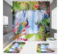 Ensemble 3 Tapis Salle De Bain 45X75Cm Cascade Paon Tapis Antidérapant Microfibre Absorbant, Tapis De Douche + Contour WC