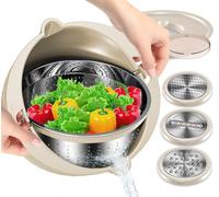 Ensemble 4-1 passoire avec bol - Passoires rotatives pour cuisine, passoires et passoires, cadeaux amusants pour femme, nettoyeur de fruits, lavage de légumes, gadgets de cuisine esthétiques - Beige