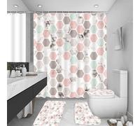 Ensemble 4 Pièces Salle Cire d'abeille Rose Tapis 45X75Cm Antidérapant Absorbant en Microfibre + Contour WC + Rideau De Douche