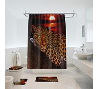 Ensemble 4 Pièces Salle Léopard Tapis 50X80Cm Antidérapant Absorbant en Microfibre + Contour WC + Rideau De Douche