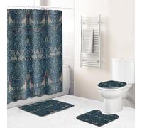 Ensemble 4 Pièces Salle Oiseau Rétro Tapis 50X80Cm Antidérapant Absorbant en Microfibre + Contour WC + Rideau De Douche