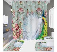 Ensemble 4 Pièces Salle Paon Tapis 45X75Cm Antidérapant Absorbant en Microfibre + Contour WC + Rideau De Douche
