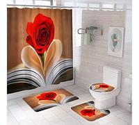 Ensemble 4 Pièces Salle Rose Rouge Tapis 45X75Cm Antidérapant Absorbant en Microfibre + Contour WC + Rideau De Douche