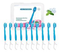 Ensemble 5 en 1 de brosses à dents et de fil dentaire, Mini brosses à dents jetables, brosses à dents 4 en 1 avec perles de nettoyage, fil dentaire, gratte-langue et cure-dents (Bleu)
