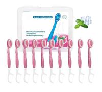 Ensemble 5 en 1 de brosses à dents et de fil dentaire, Mini brosses à dents jetables, brosses à dents 4 en 1 avec perles de nettoyage, fil dentaire, gratte-langue et cure-dents (Rose)