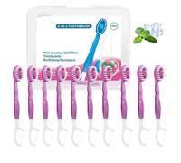Ensemble 5 en 1 de brosses à dents et de fil dentaire, Mini brosses à dents jetables, brosses à dents 4 en 1 avec perles de nettoyage, fil dentaire, gratte-langue et cure-dents (Violet)