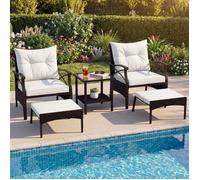 Ensemble 5 PCS Table et Chaises de Jardin COSTWAY en Rotin PE avec Poufs, Coussins, Table Basse en Verre Trempé à 2 Niveaux, Beige