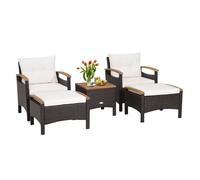 Ensemble 5 PCS Table et Chaises de Jardin COSTWAY en Rotin PE Marron avec Coussins Blanc - 2 Fauteuils, 2 Tabourets, 1 Table Basses