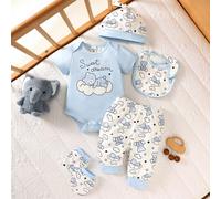 Ensemble 5 pièces pour nouveau-né garçon : tenue d'été comprenant un body doux en maille à imprimé ours mignon, un pantalon imprimé, un bonnet, un bavoir et des gants. 6-9M,0-1M,1-3M,3-6MCartoonPolyes