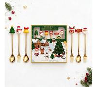 Ensemble 6 couverts dessert acier inox décor Noël rouge vert | cuillères fourchettes motifs festifs coffret cadeau pâtisseries fêtes B