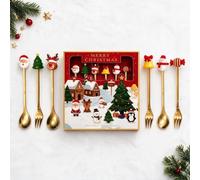 Ensemble 6 couverts dessert acier inox décor Noël rouge vert | cuillères fourchettes motifs festifs coffret cadeau pâtisseries fêtes A