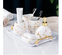 Ensemble 6 pièces céramique blanche effet marbre doré - distributeur, brosse à dents, gobelet, porte-savon, etc. Label
