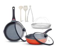Ensemble 7-pièces poêles profondes céramique antiadhésive avec ustensiles & couvercles en verre - poêles 28/30 cm bords verseurs, empilables, écologique de luxe,compatible induction (Orange, 28/30 CM)
