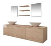 Ensemble 8 Pièces Meuble Lavabo Mural Beige avec 2 Lavabos en Céramique | 3 tiroirs, 3 étagères, 2 miroirs, panneaux de particules, bouchons de vidange inclus, montage au-dessus comptoir