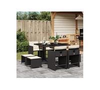 vidaXL Salon de jardin 9 pièces 3211134 - poly rotin noir, coussins, chaises avec accoudoirs, table