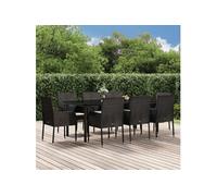 Ensemble à manger jardin 9pcs et coussins noir résine tressée, ensemble de salle à manger, ensemble de salle à manger 3185159