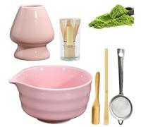 Ensemble à thé matcha 6 pièces, comprenant un fouet à matcha, un agitateur à matcha, un bol à matcha avec bec verseur, un support pour agitateur à matcha et une cuillère en bambou (rose).