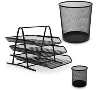 Ensemble Accessoires de bureau Métal 3 pièces Maille Mesh WAYTEX Corbeille Papier, Trieur 3 corbeilles coulissantes, Pot à Crayons