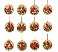 Ensemble acrylique d'ornement d'art de diamant de cardinal de Noël 12 | Perceuses en résine de 8 cm de diamètre, stylo en toile PET collant pré-imprimé et cordon de suspension