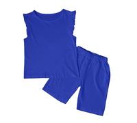 Ensemble Ado Enfant Fille 3-14 Ans été Tailleur 2 Pièces Top Débardeur Manche à Volants + Short Adolescent Fille Chic élégant Pas Cher Confortable Casual Vacances Plage (Blue, 3-4 Years)