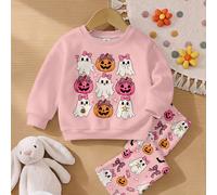 Ensemble adorable rétro rose doux Halloween petit fantôme citrouille imprimé léopard nœud, style rétro dopamine, Sweat-shirt col rond manches longues en tricot doux et épais & pantalon évasé pour bébé
