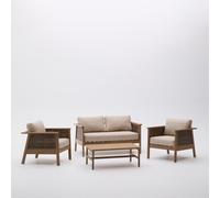Ensemble Alabe composé d'un canapé 2 places, de 2 fauteuils et d'une table basse en bois d'acacia 100% certifié FSC.