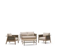 Ensemble Alabe composé d'un canapé 2 places, de 2 fauteuils et d'une table basse en bois d'acacia FSC 100%.