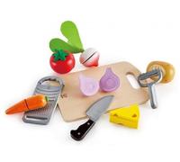 Ensemble Aliments a decouper + ustensiles de Cuisine (Planche, econome, Rape) - Jouet Bois - Set Accessoire dinette Imitation Enfant avec Carte